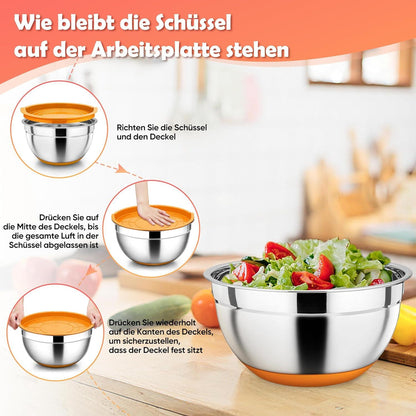 Rührschüssel Set Edelstahl mit Deckel Silikonboden 1L 2,5L 4,5L - 3er