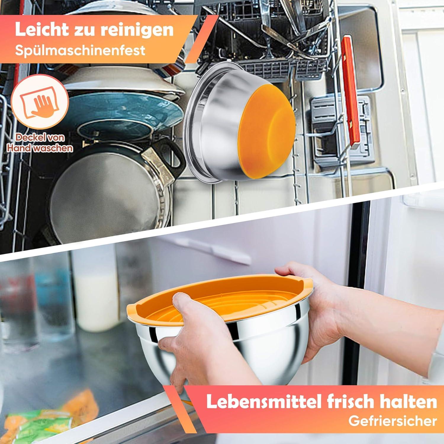 Rührschüssel Set Edelstahl Deckel Silikonboden 3er 1L 2,5L 4,5L Bunt