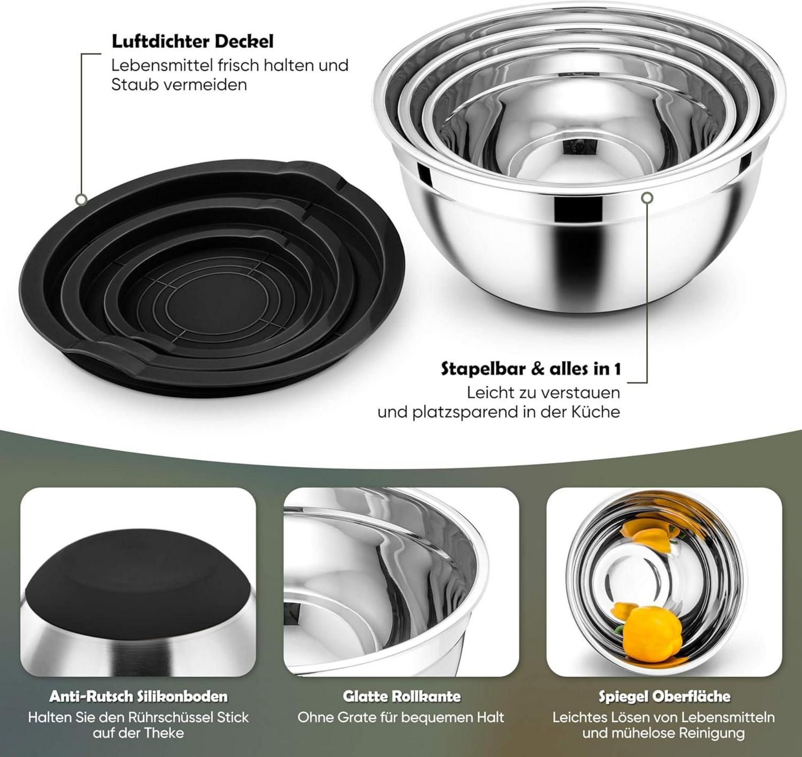 Edelstahl Rührschüssel Set mit Deckel und Silikonboden 3-teilig