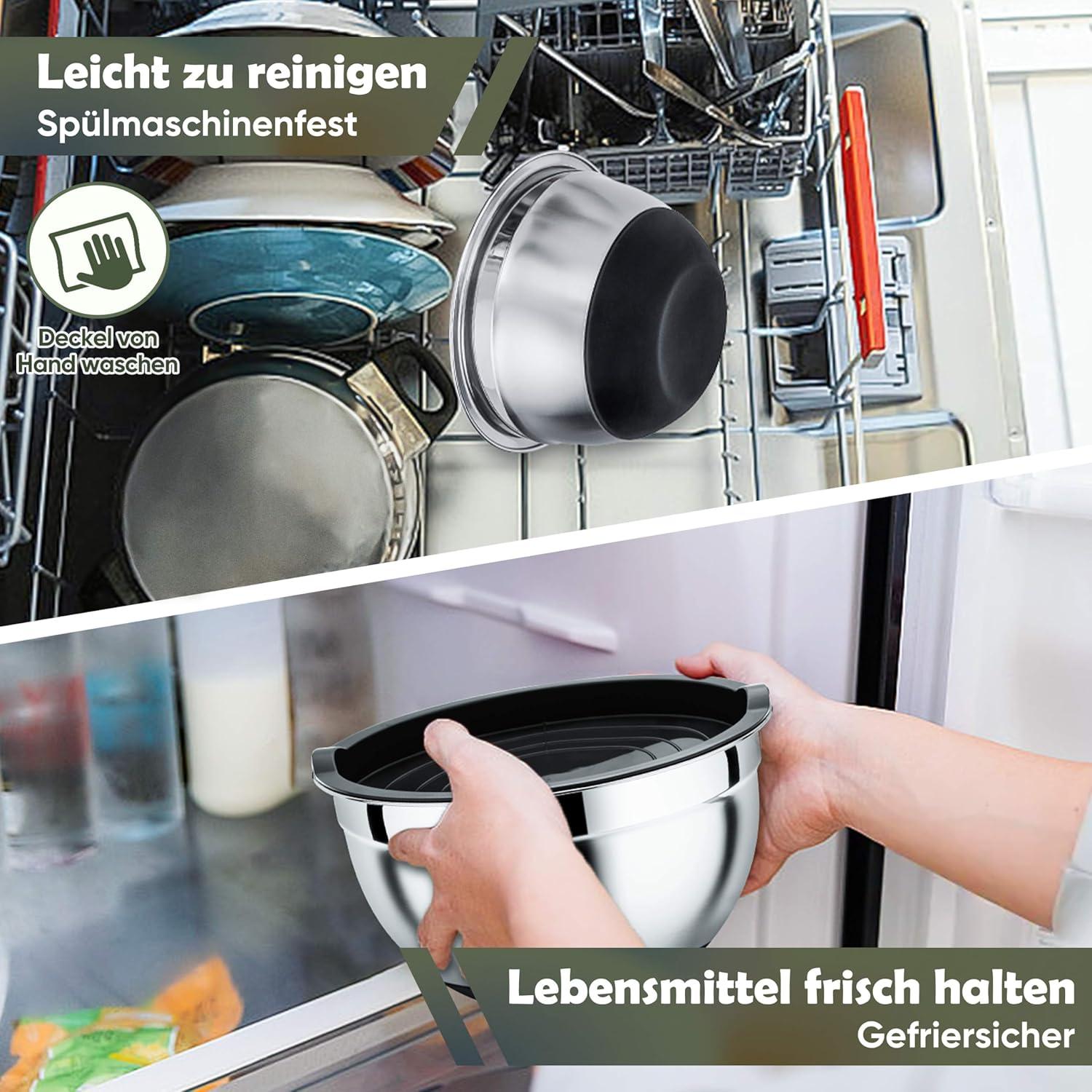 Homikit Edelstahl Rührschüssel Set Schwarz 3-teilig mit Deckel 1L 2,5L 4,5L