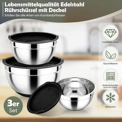 Homikit Edelstahl Rührschüssel Set mit Deckel, Schwarz 3-teilig