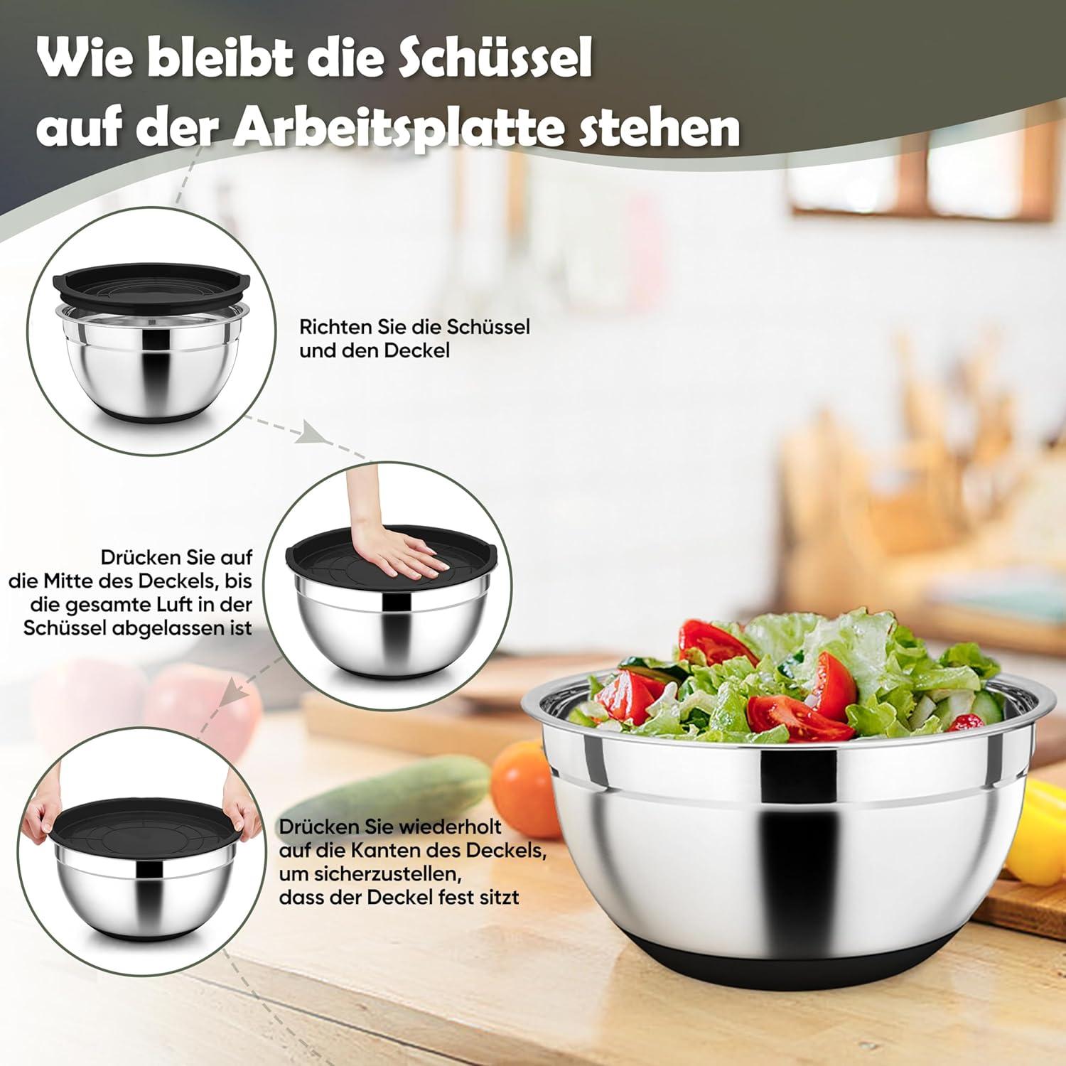 3-teilig Edelstahl Rührschüssel Set mit Deckel und