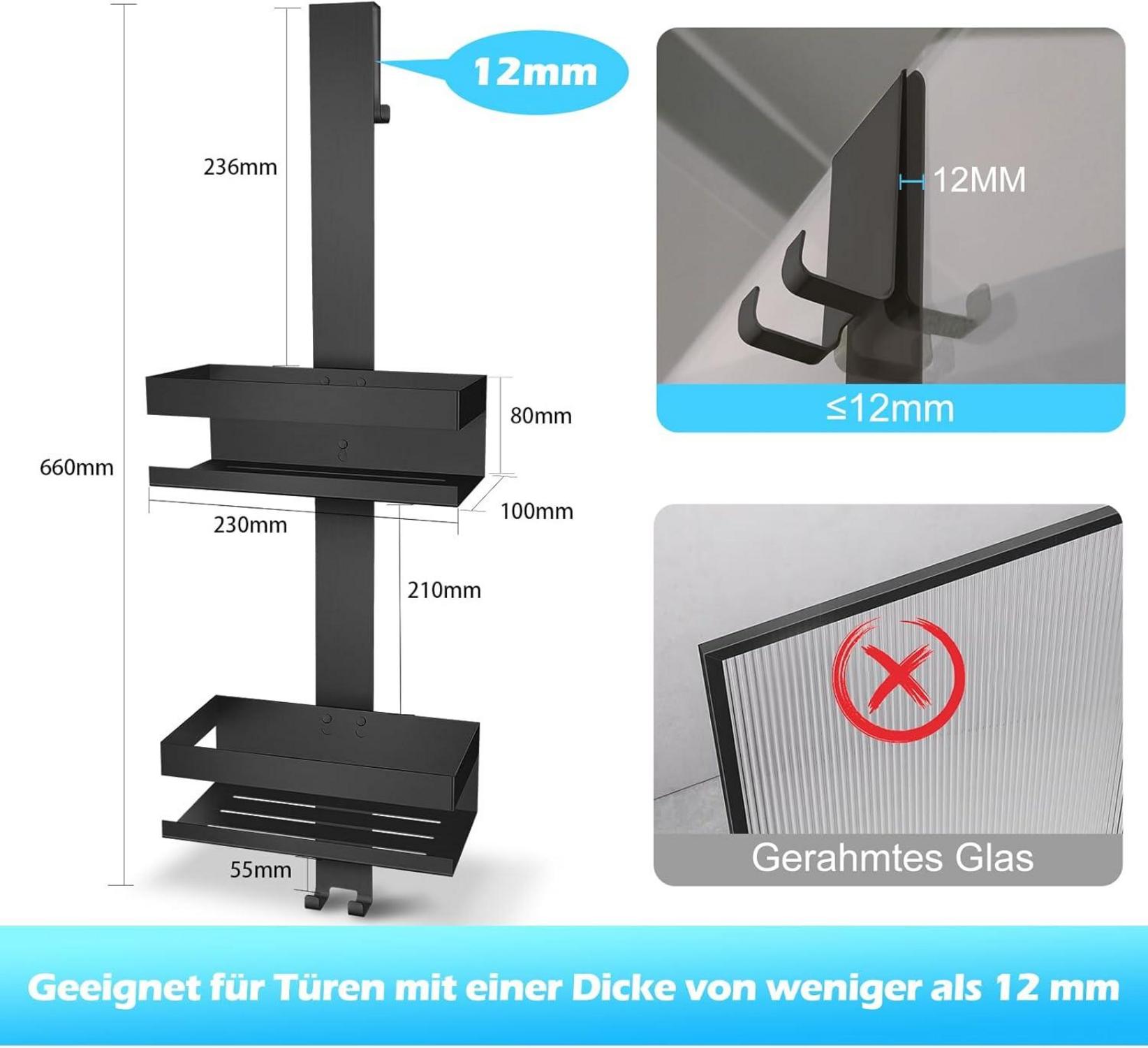 Duschablage zum Hängen aus Edelstahl für Glastür, Schwarz, Stil A