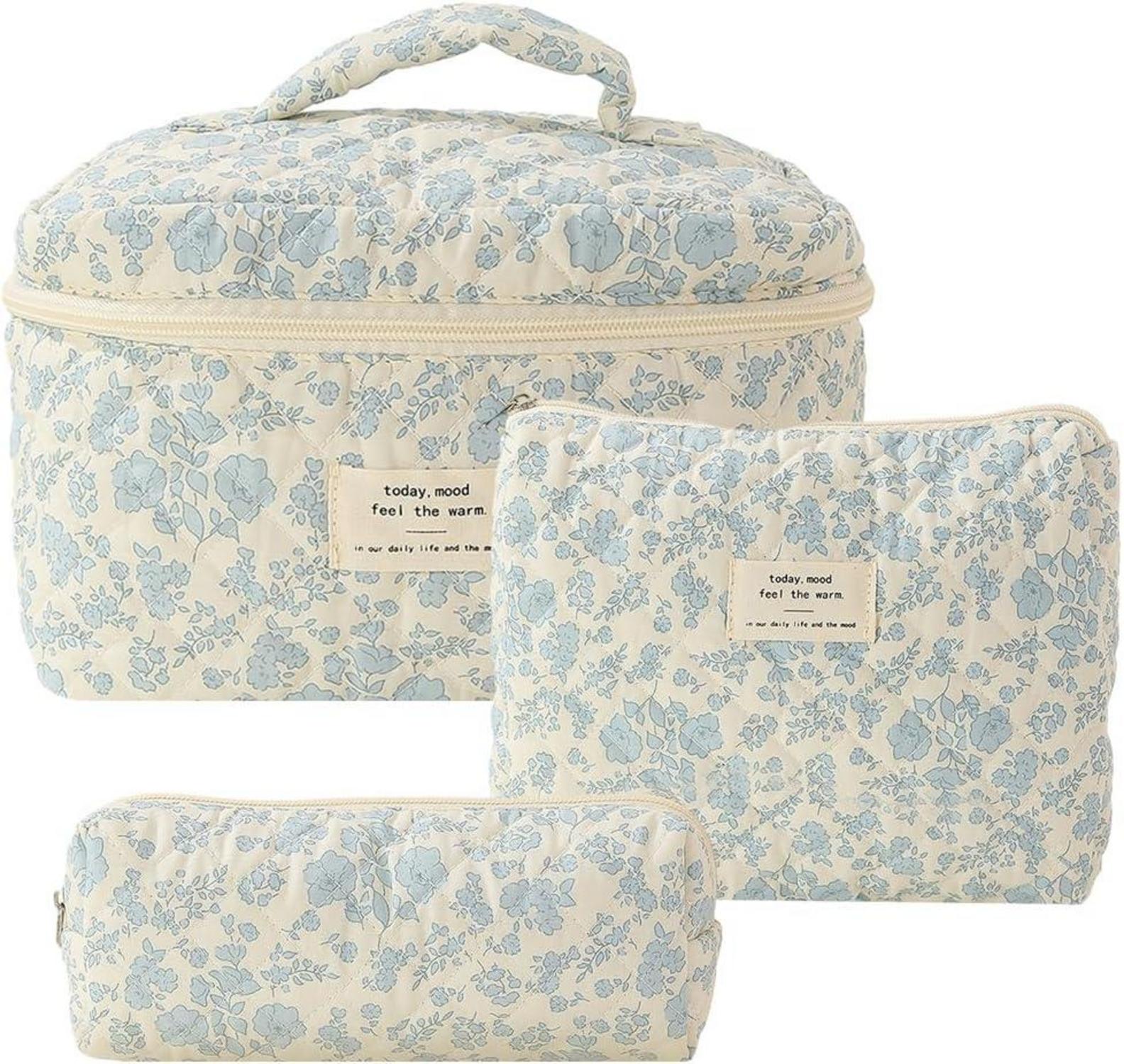 3er Kosmetiktasche Damen Set Blumenmuster Gesteppt Make up Bag