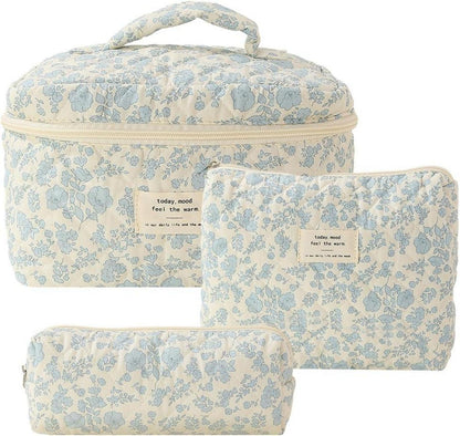3er Kosmetiktasche Damen Set Blumenmuster Gesteppt Make up Bag