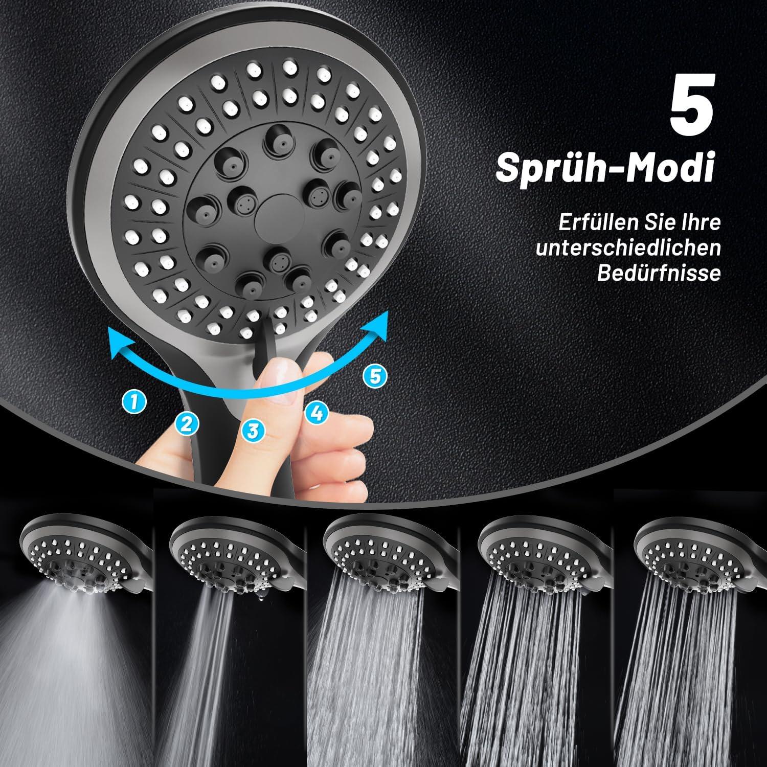 Duschkopf Regendusche Schwarz 5 Strahlarten Hochdruck