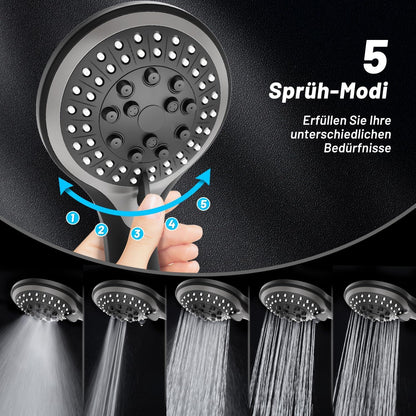 Duschkopf Regendusche Schwarz 5 Strahlarten Hochdruck