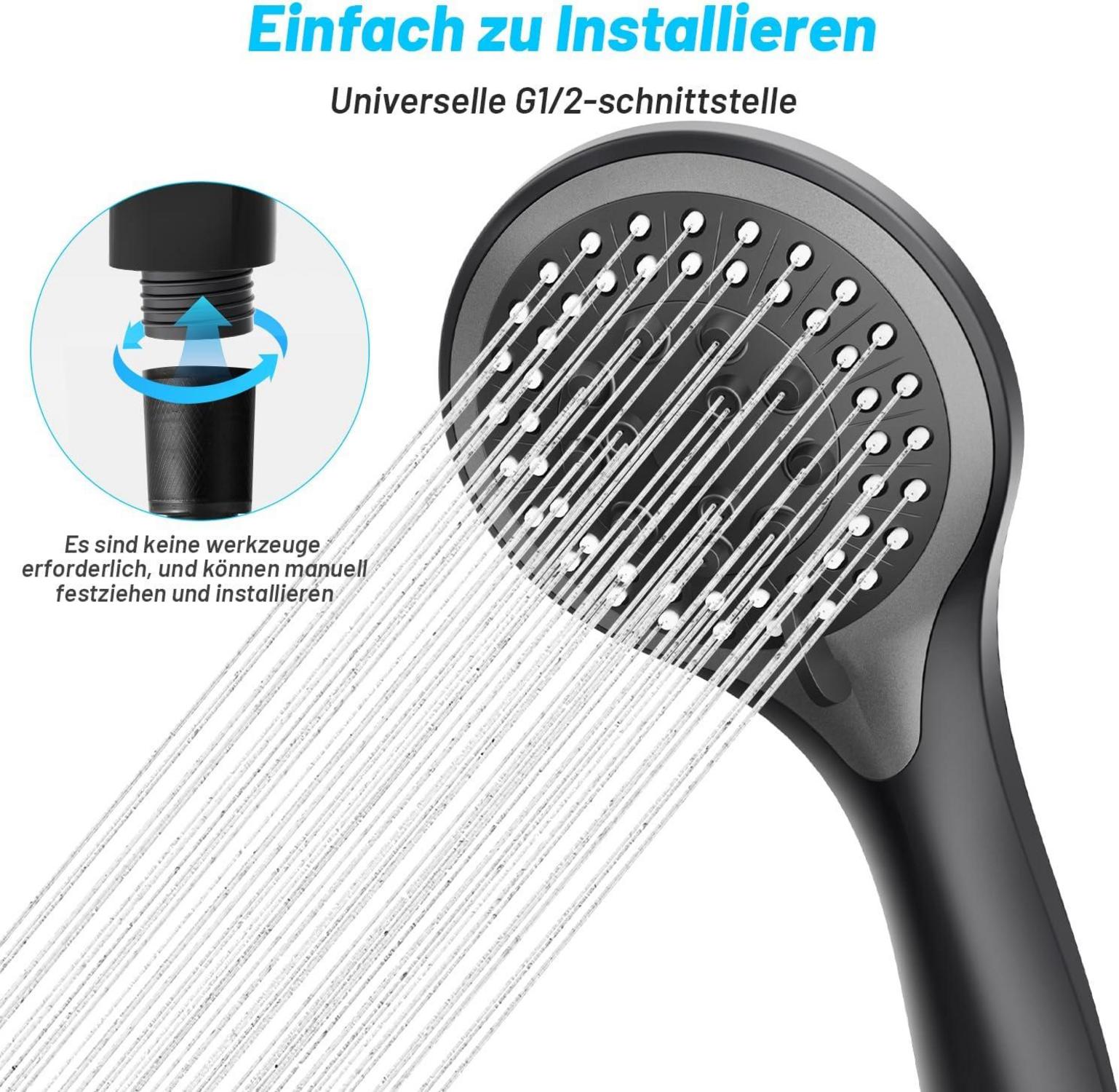Duschkopf Regendusche mit 5 Strahlarten und Anti-Stau-Silikondüse in Schwarz