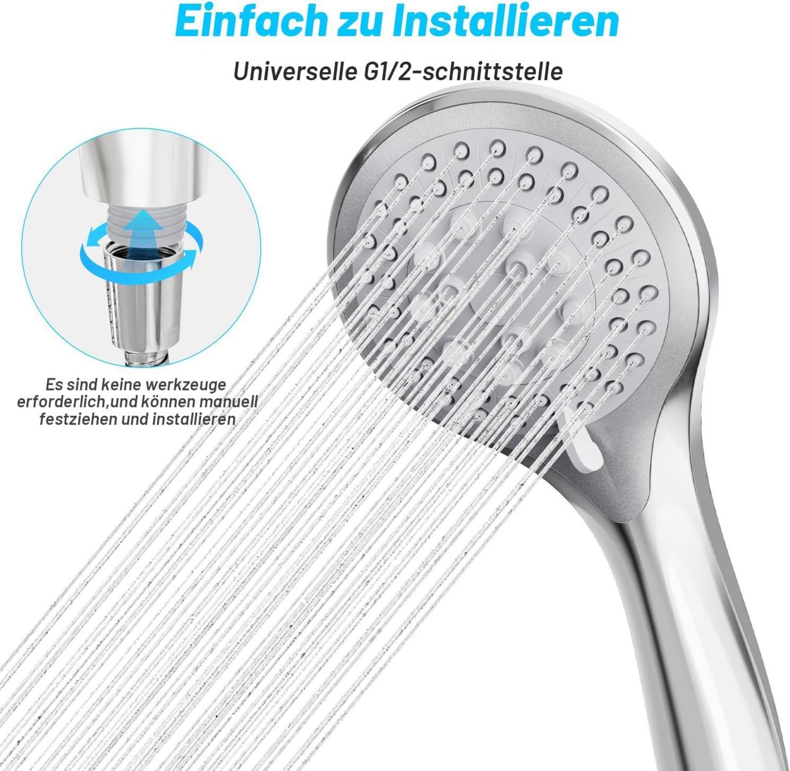 VEHHE Duschkopf Wassersparend 5 Strahlarten Hochdruck Handbrause Anti-Stau-Silikondüse Chrome