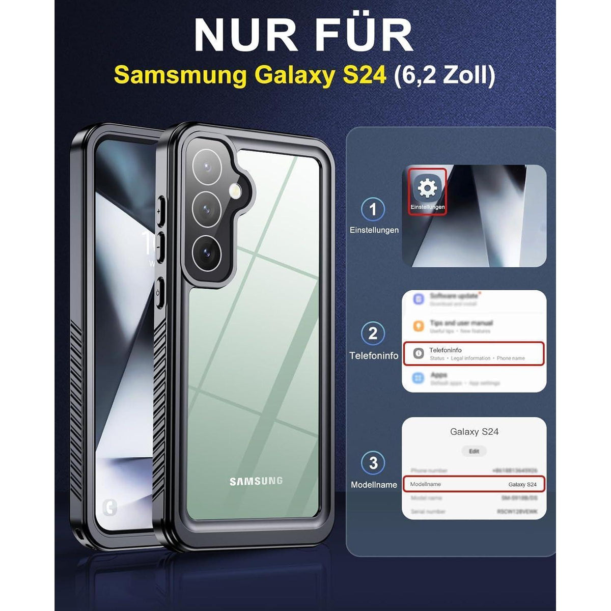 Wasserdichte Hülle für Samsung Galaxy S24, 360° Schutz, Schwarz