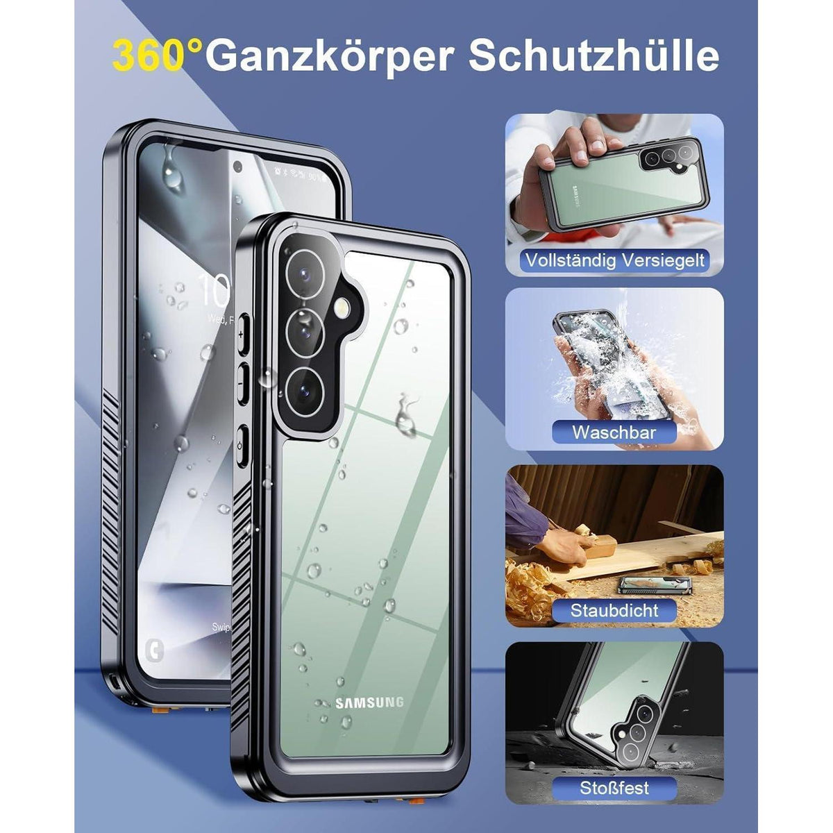 Wasserdichte Hülle für Samsung Galaxy S24, 360° Schutz, Schwarz