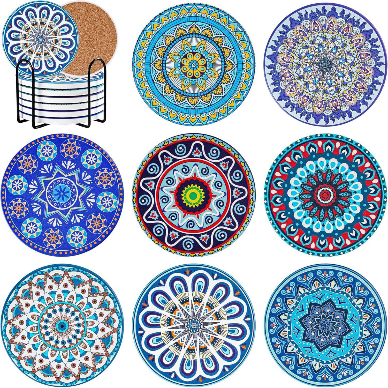 Mandala Keramik Untersetzer 8er Set mit Halter Kork Getränke Bar Vasen