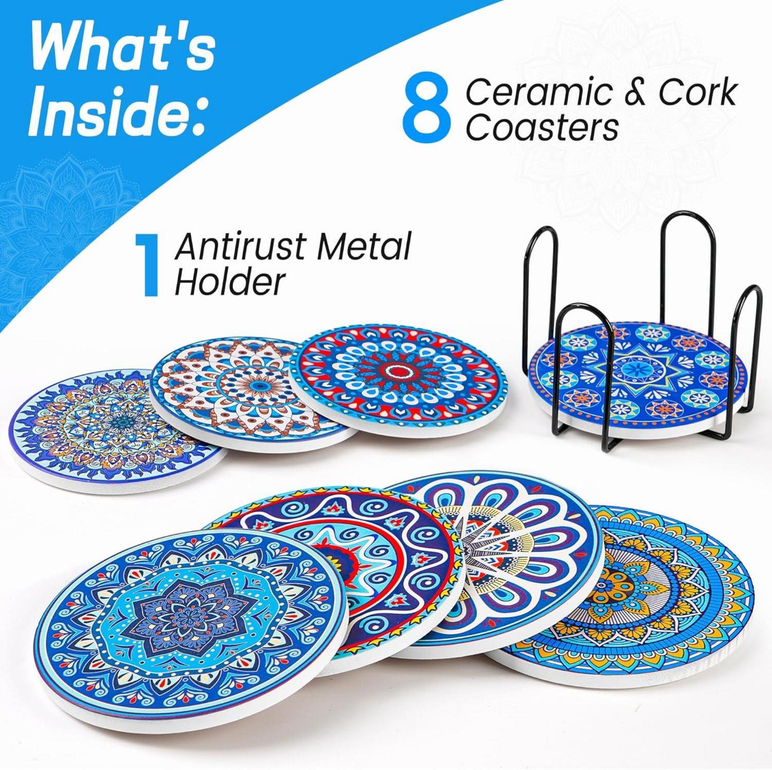 Mandala Keramik Untersetzer Set 8er mit Korkhalter 10cm