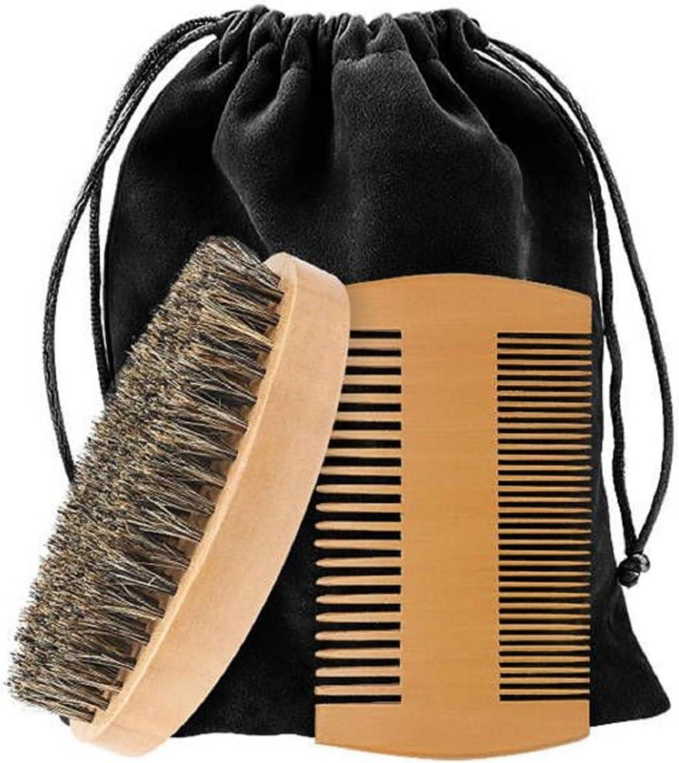Bartkamm Bartbürste Set Wildschweinborsten Bartpflege Männer Beard Comb-Schwarz