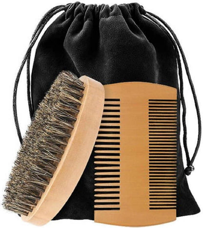 Bartkamm Bartbürste Set Wildschweinborsten Bartpflege Männer Beard Comb-Schwarz