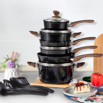 15-tlg Kochgeschirr Set, Induktion Granitbeschichtung Glasdeckel, Schwarz