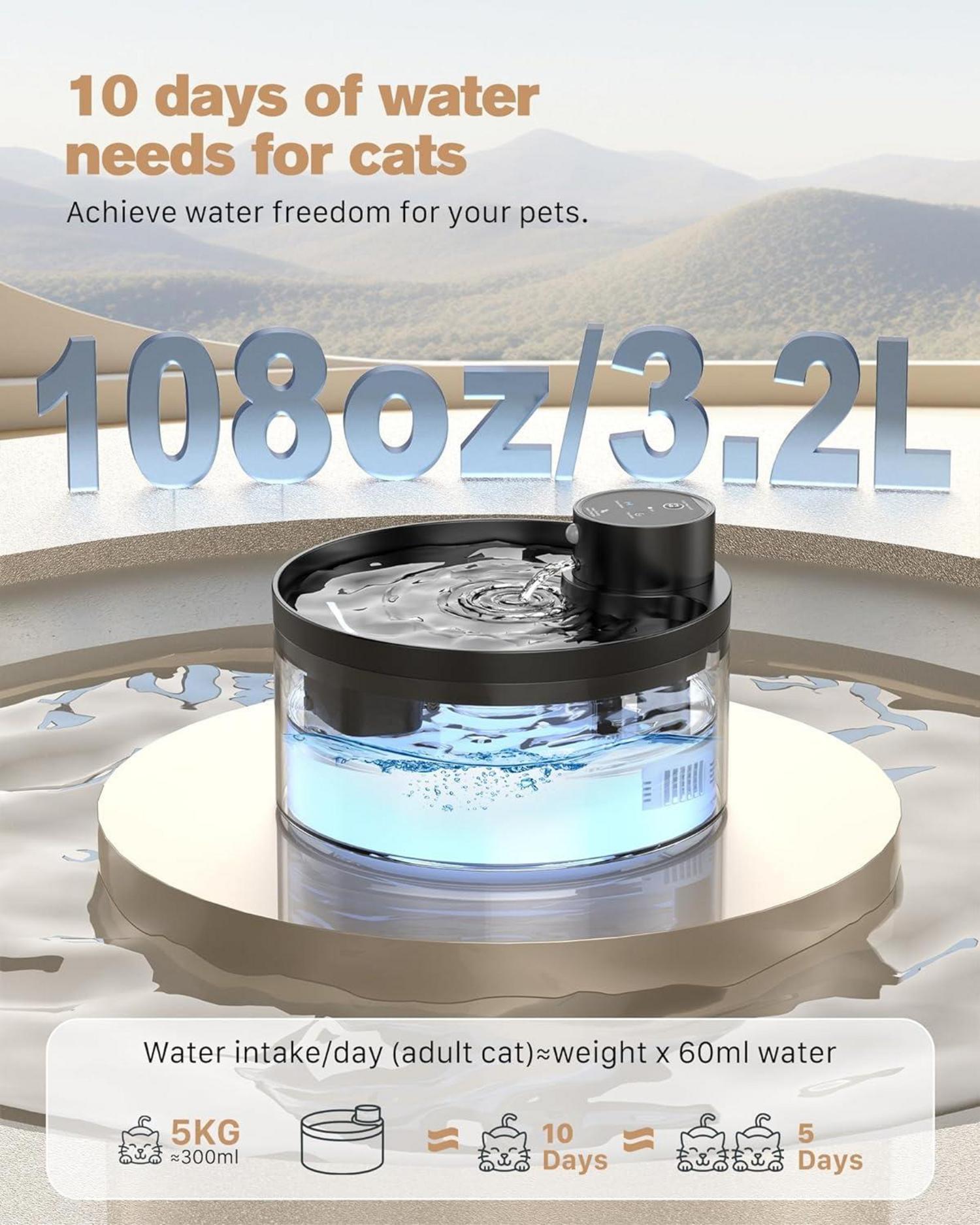 Katzenbrunnen Kabellos Trinkbrunnen 3.2L mit Pumpen Leise Led Akku 4200mAh