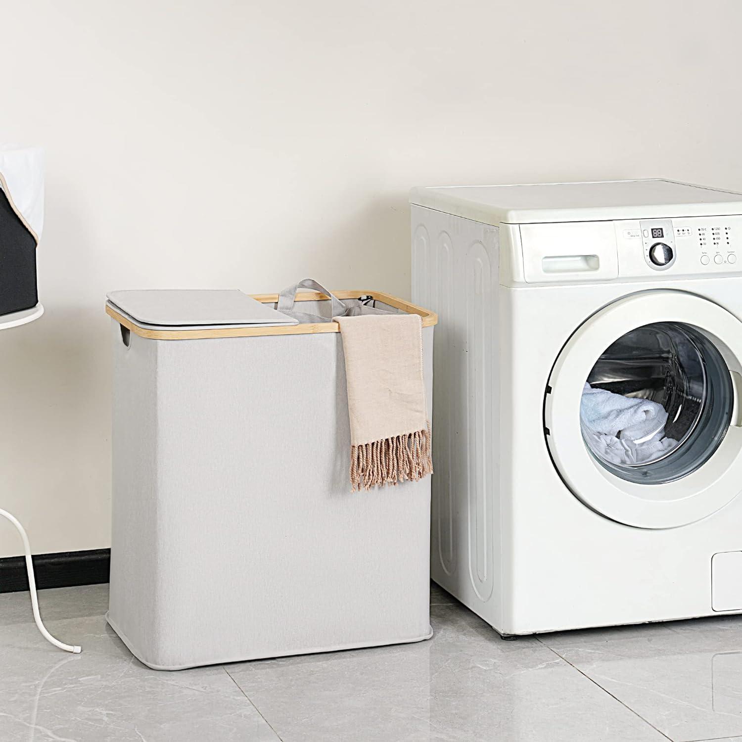 Großer Wäschekorb mit Deckel 2 Fächer 140L Hellgrau