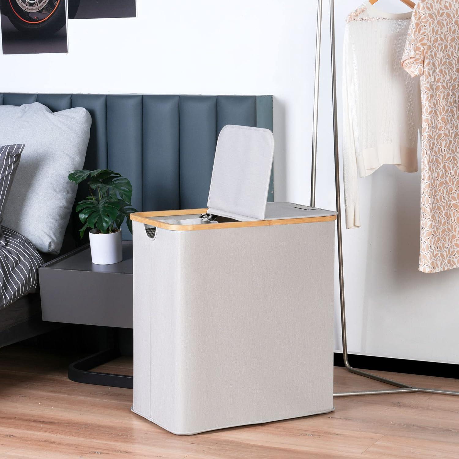 Großer Wäschekorb 140L mit Deckel und 2 Fächern, abnehmbare Wäschesäcke