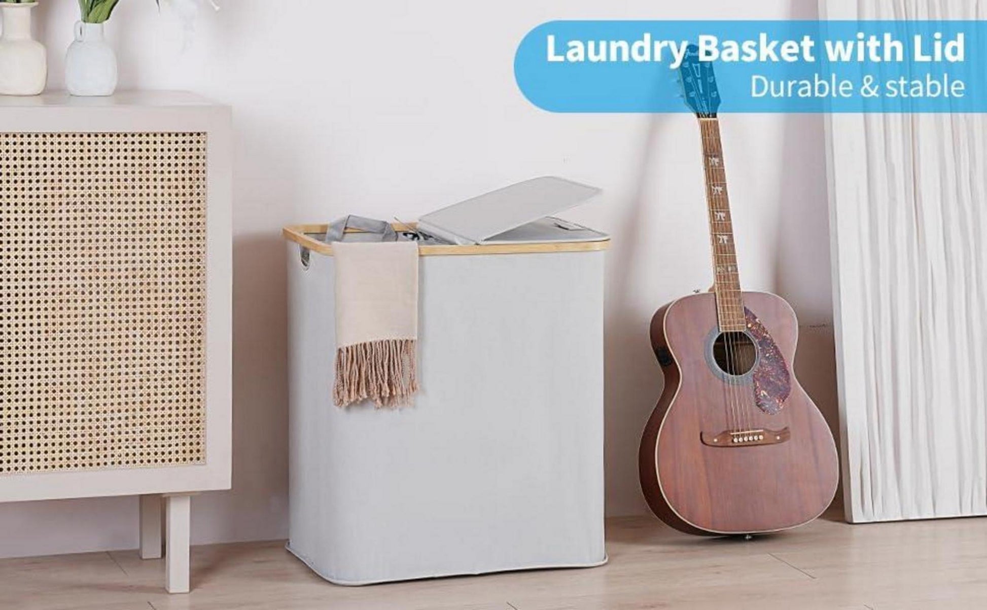 Wäschekorb mit Deckel 140L 2 Fächer Wäschesammler Doppelkorb abnehmbare Wäschesäcke