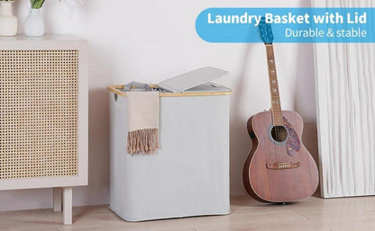 Wäschekorb mit Deckel 140L 2 Fächer Wäschesammler Doppelkorb abnehmbare Wäschesäcke