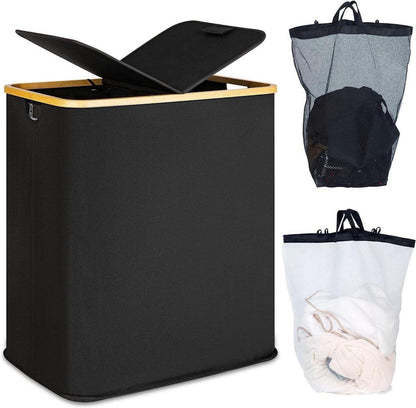 140L Wäschekörbe mit Deckel 2 Fächer Schwarz Leinen
