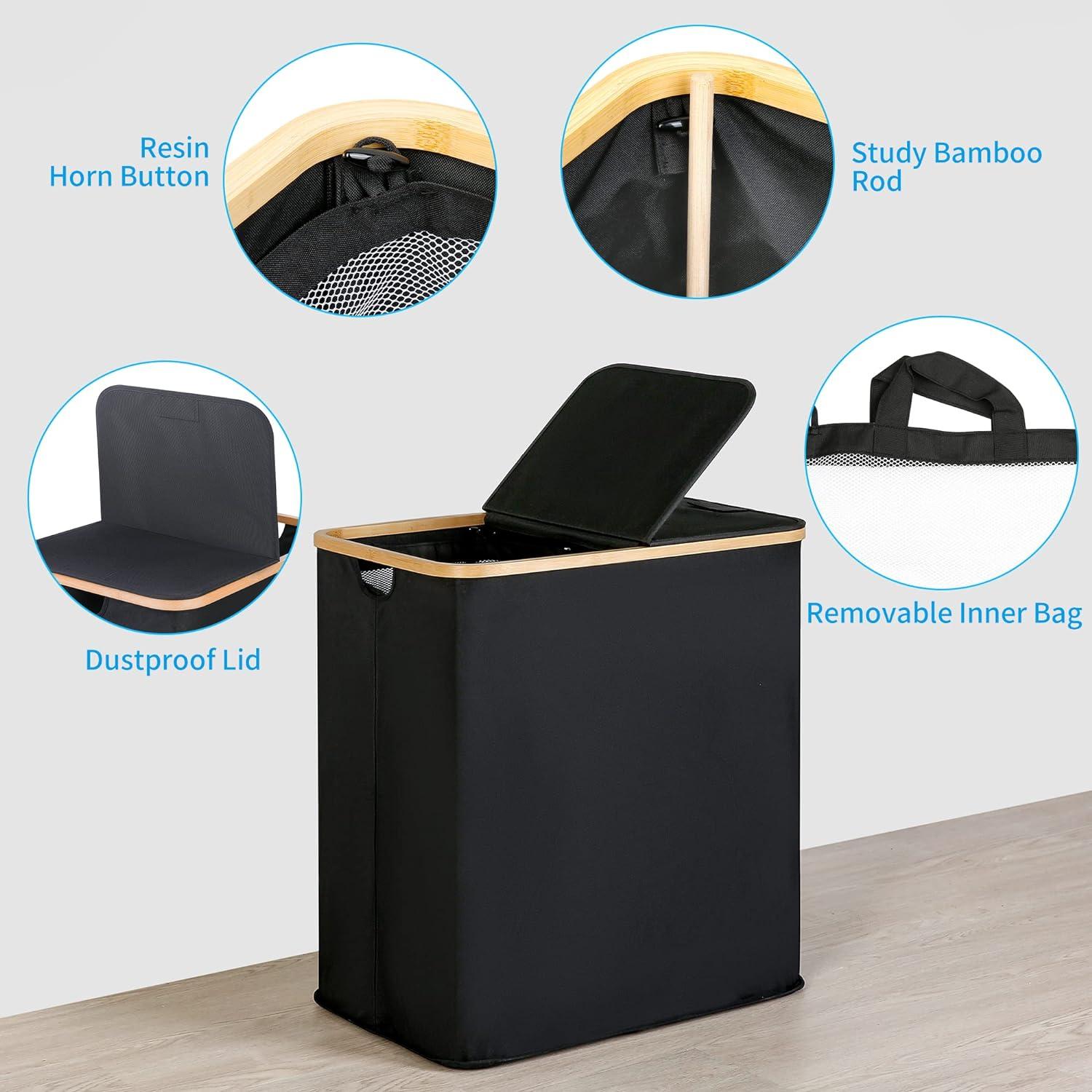 140L Wäschekorb mit Deckel 2 Fächer Schwarz Leinen