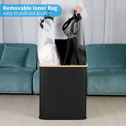 Wäschekorb 140L mit Deckel 2 Fächer Schwarz Leinen Bambus