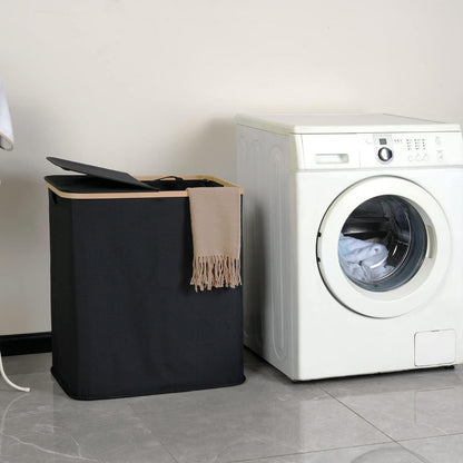 Wäschekorb 140L mit Deckel 2 Fächer Schwarz Leinen Bambus