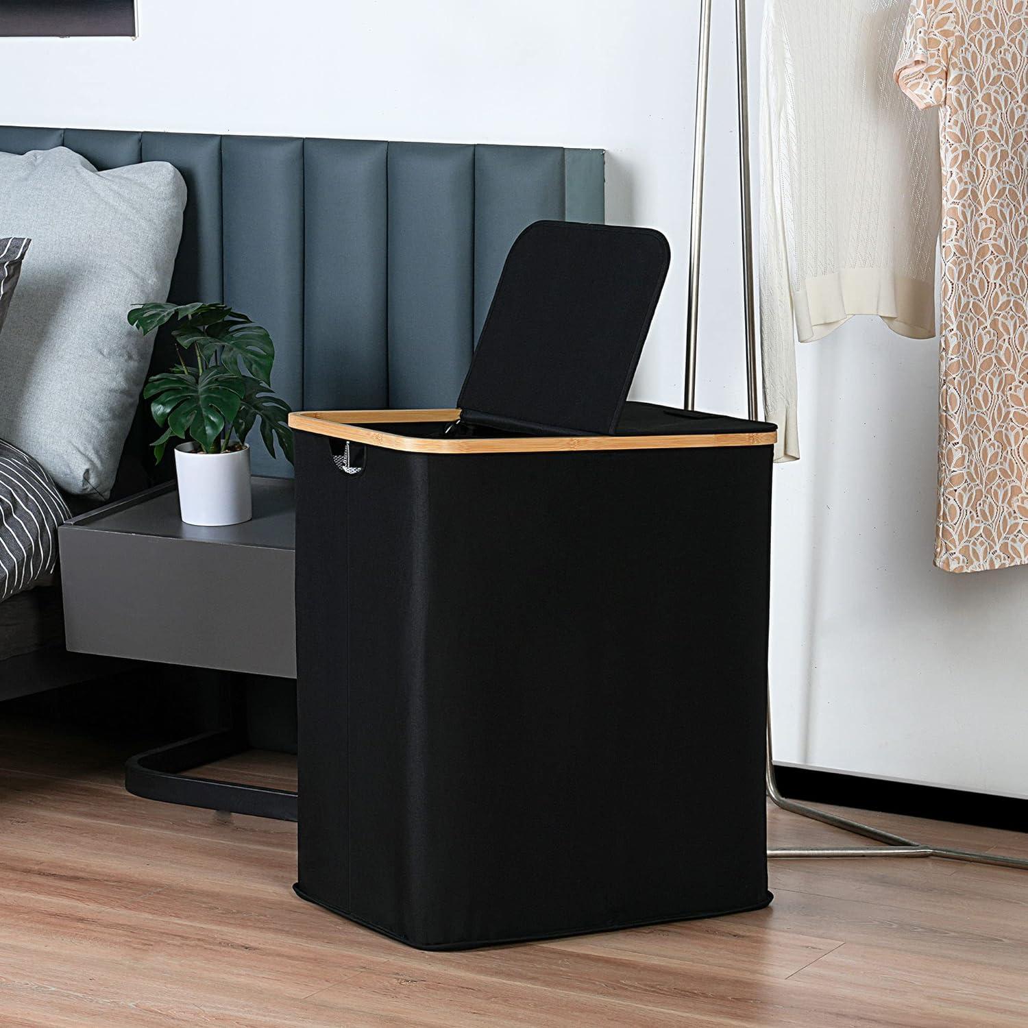 140L Wäschekörbe mit Deckel 2 Fächer und 2 abnehmbaren Wäschesäcken Schwarz