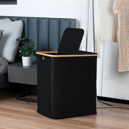 140L Wäschekörbe mit Deckel 2 Fächer und 2 abnehmbaren Wäschesäcken Schwarz