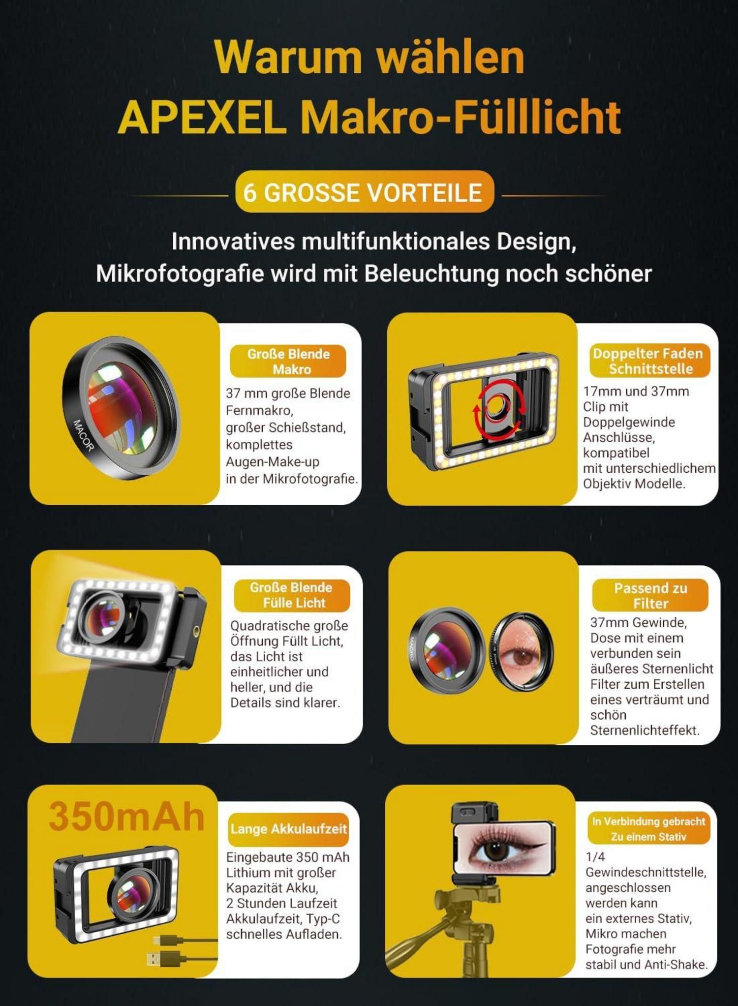 15x Makro-Objektiv mit LED-Fülllicht, 3-in-1