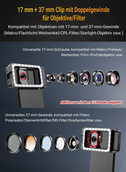 15x Makro-Objektiv LED F¨¹lllicht 3-in-1 Handy-Kamera Adapter