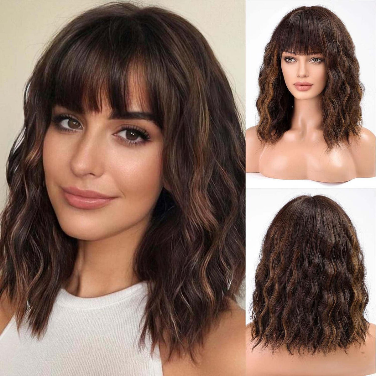 Brünette Bob Perücke mit Blond Highlights – Kurz & Charmant