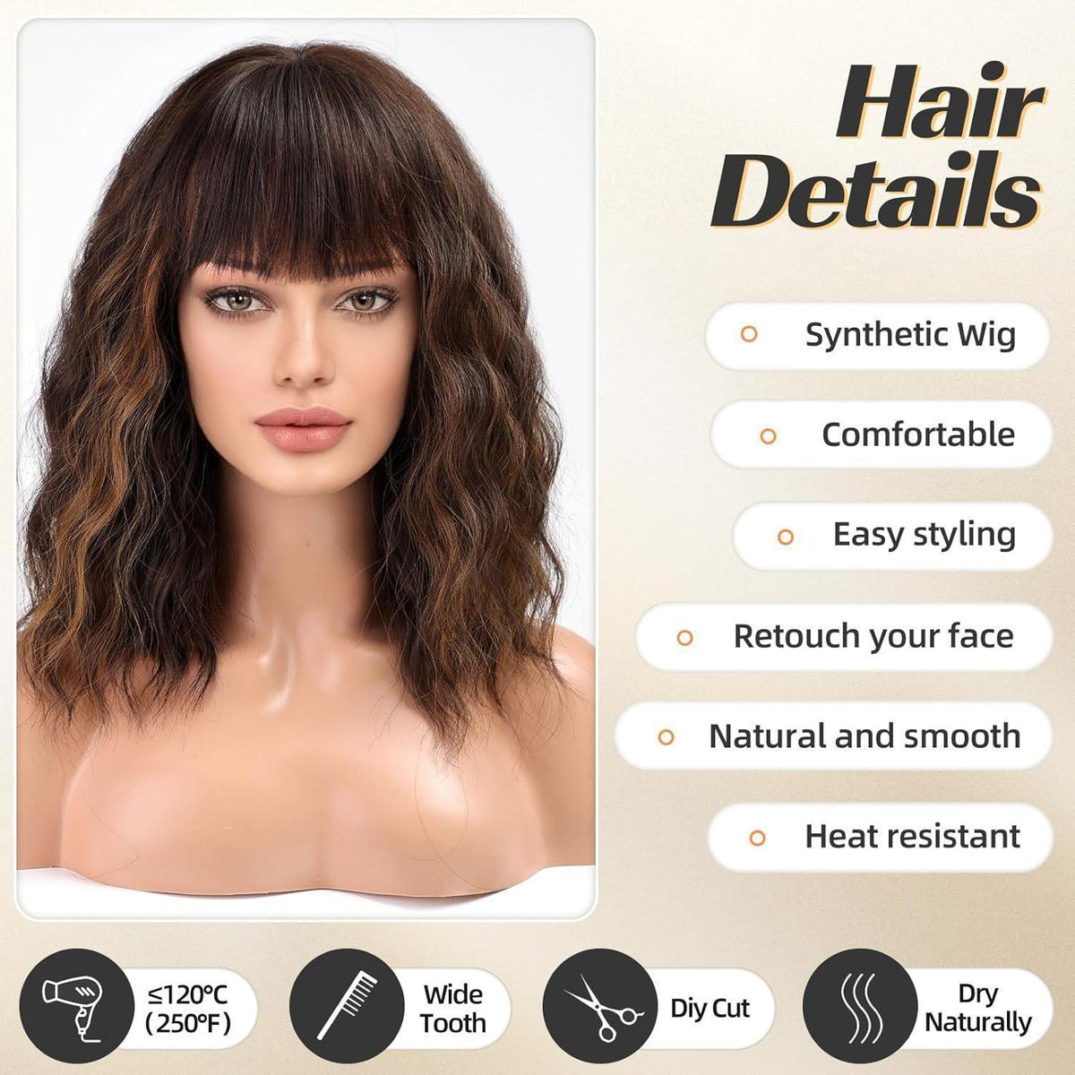 Brünette Bob Perücke mit Blond Highlights – Kurz & Charmant