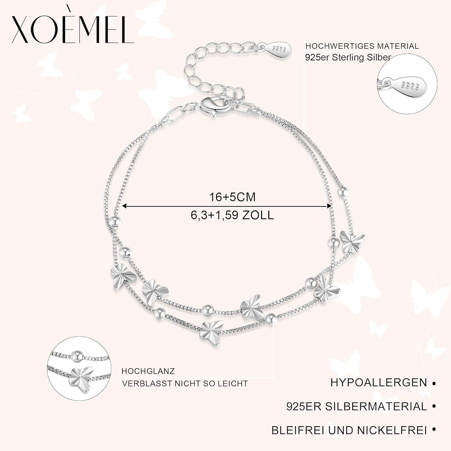 XOEMEL Armband Damen Silber 925 Schmetterling Rosegold Perlen Layered Freundschaftsgeschenke