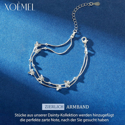 XOEMEL Schmetterling Armband Damen Silber 925 Rosegold Perlen Layered 17,7 Zoll