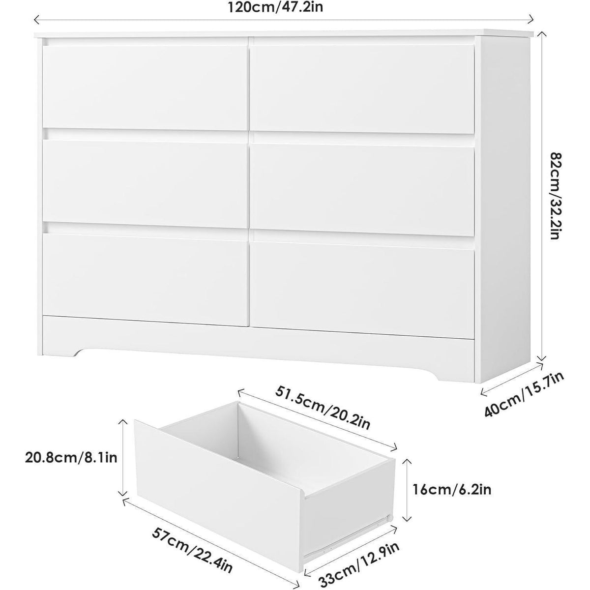 Weiße Kommode mit 6 Schubladen – 120cm Sideboard für Schlafzimmer