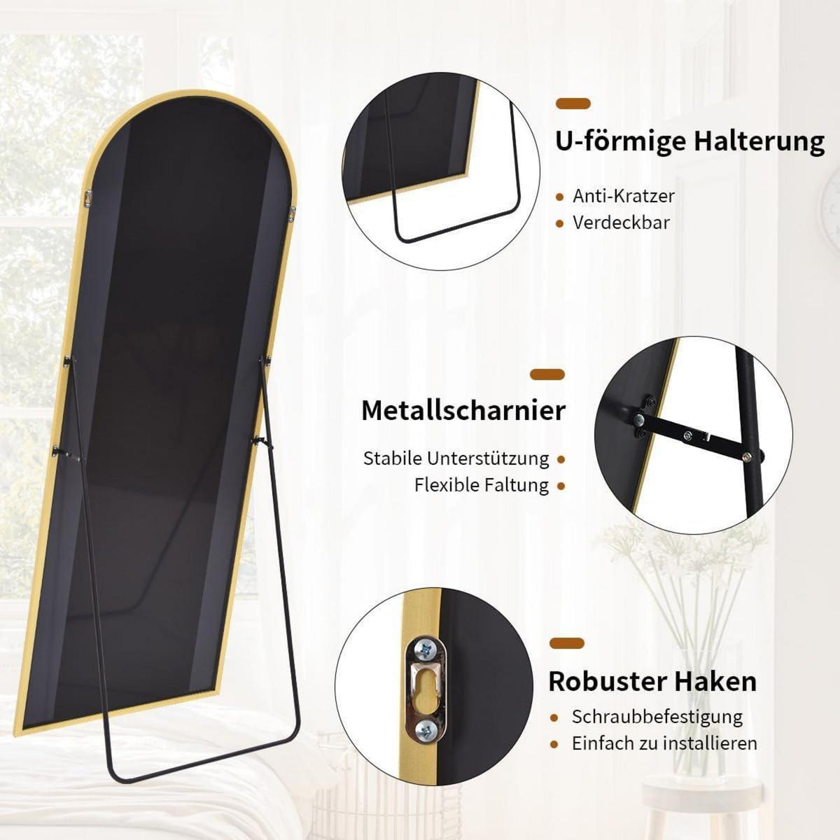 Ganzkörperspiegel Bogen 180cm Gold – Stand- & Wandspiegel