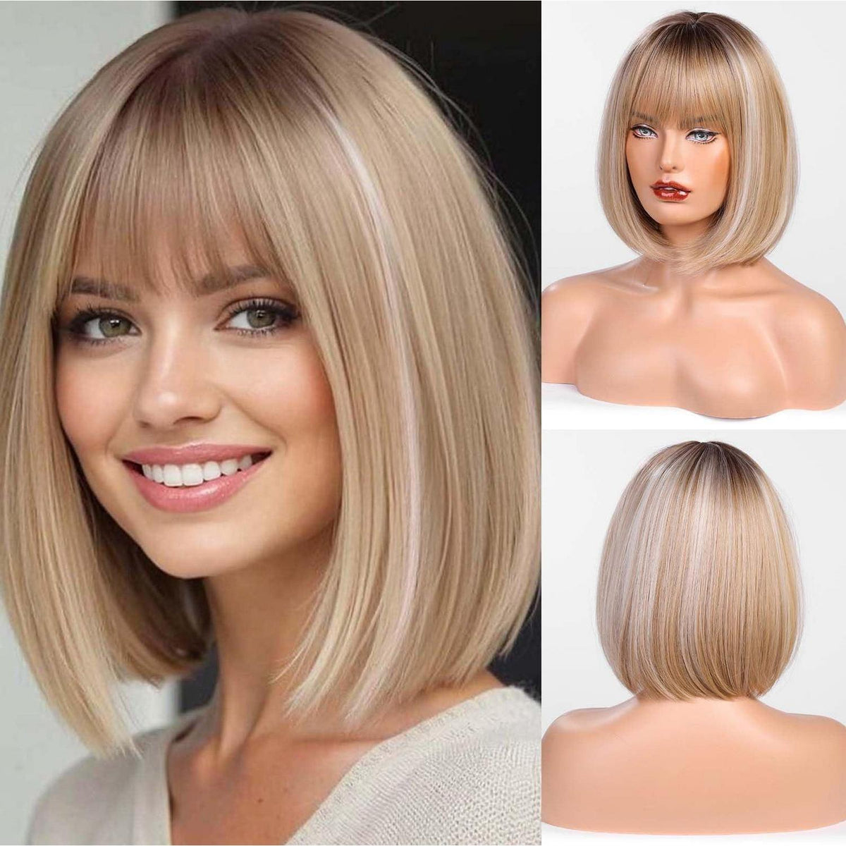 Gerade Bob Perücke mit Pony – Ombre Blond Highlight