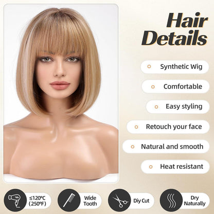 Gerade Bob Perücke mit Pony – Ombre Blond Highlight