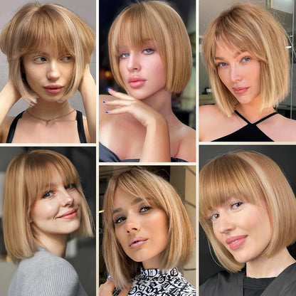 Gerade Bob Perücke mit Pony – Ombre Blond Highlight
