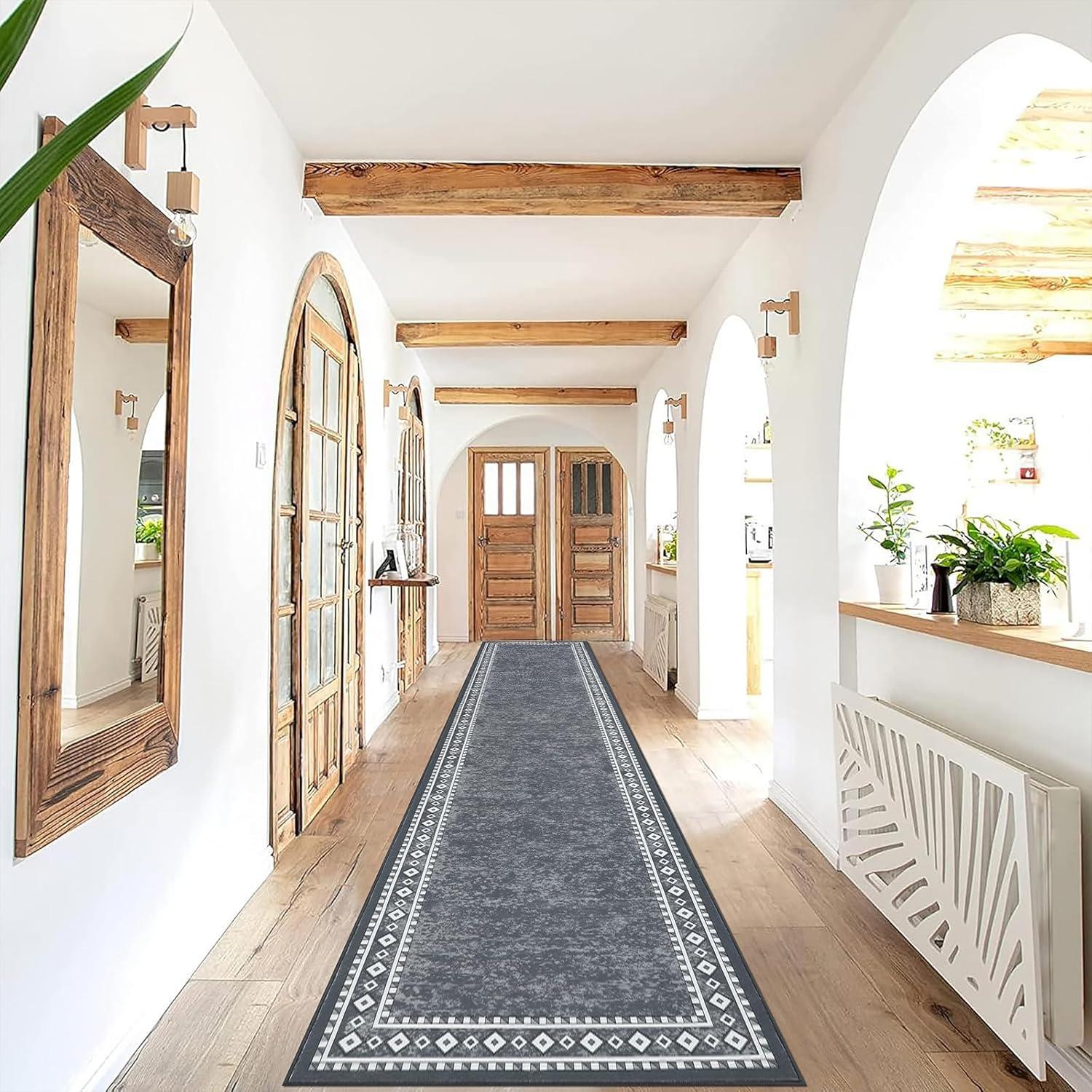 Moderne Grauer Läufer Teppich 66 x 300 cm Waschbar Rutschfest Flur