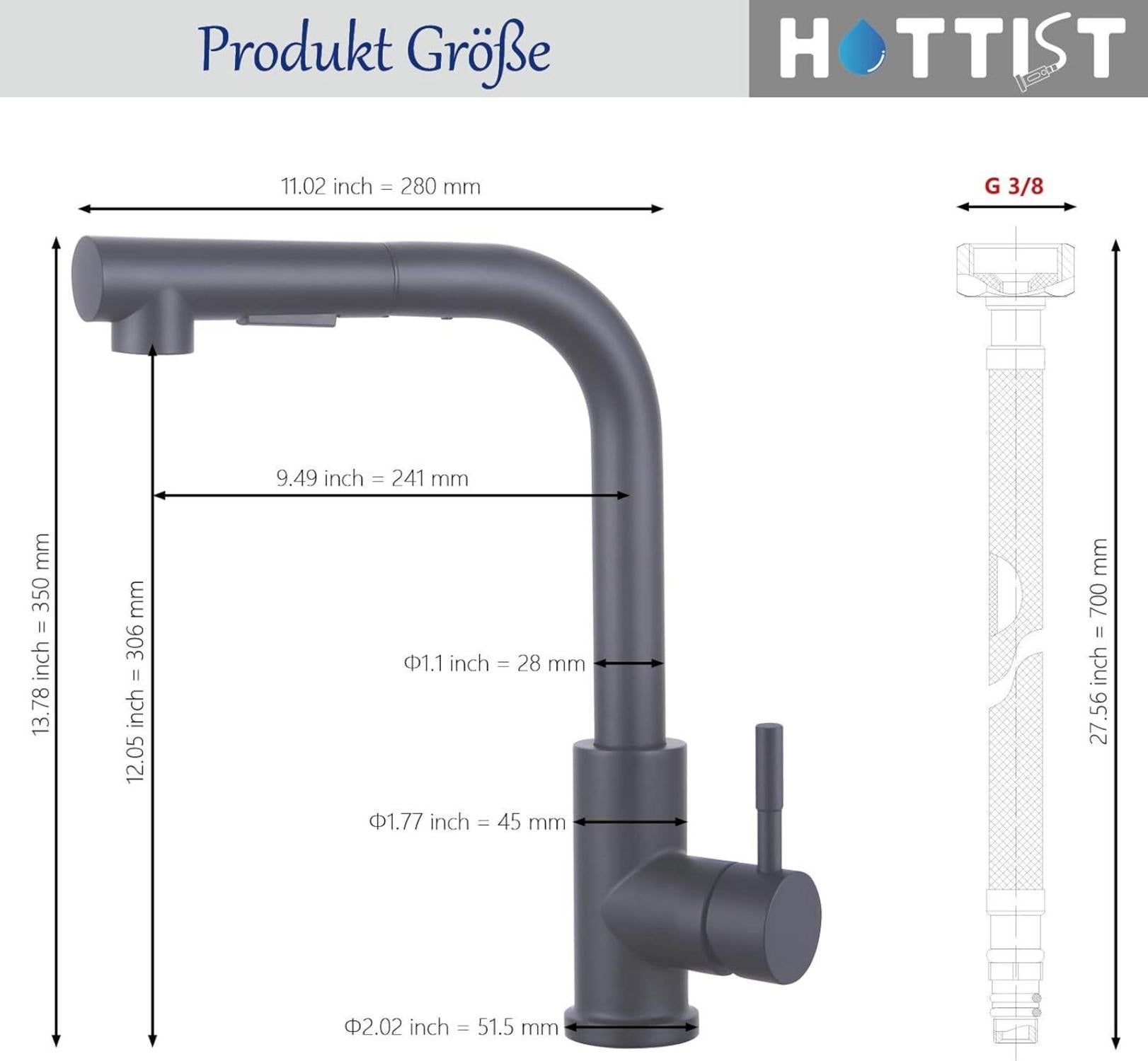 HOTTIST Wasserhahn Küche 2 Modi Edelstahl Brause Ausziehbar