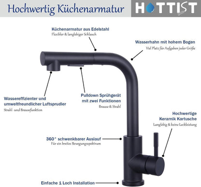 Küchenarmatur Edelstahl 304, 2 Modi Ausziehbar, Matt Schwarz