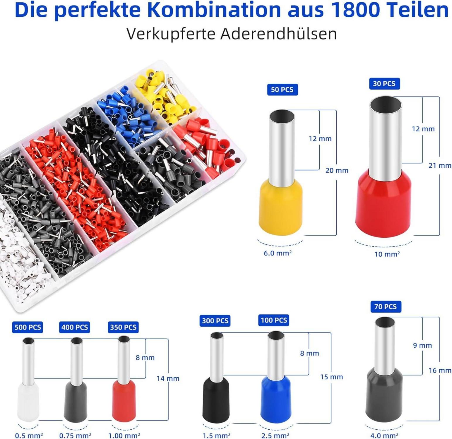 Daakro Aderendhülsen Crimpzangenset 1800 Stk. Ratschenzange 0,25-10 mm² neu