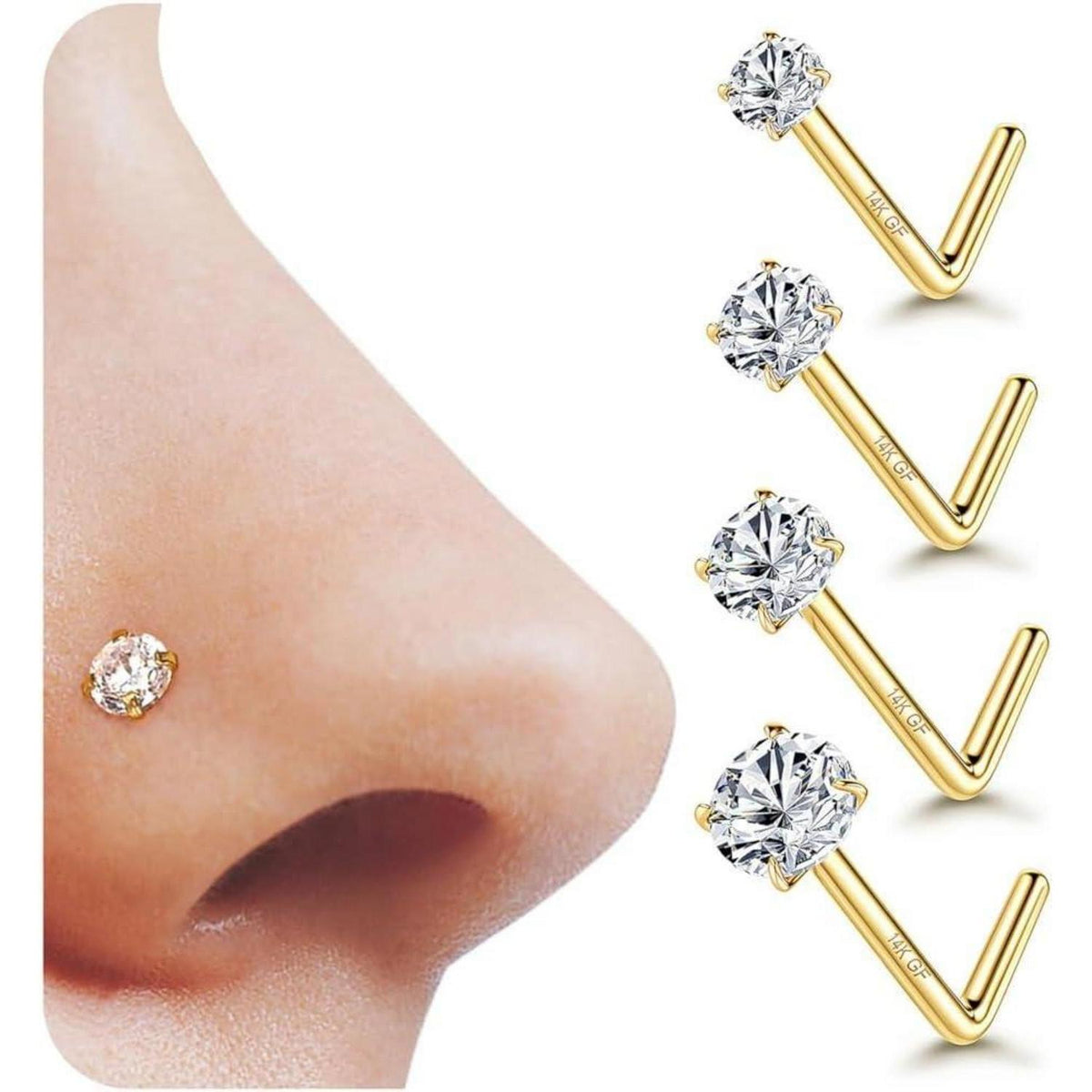 Nasenpiercing 4er Set 14K Gold Chirurgenstahl Zirkonia L-Form Schraube 1,5-3mm