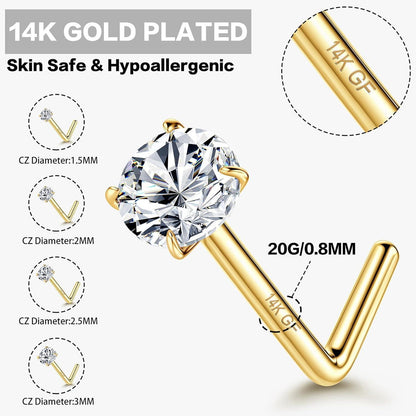 Nasenpiercing 4er Set 14K Gold Chirurgenstahl Zirkonia L-Form Schraube 1,5-3mm
