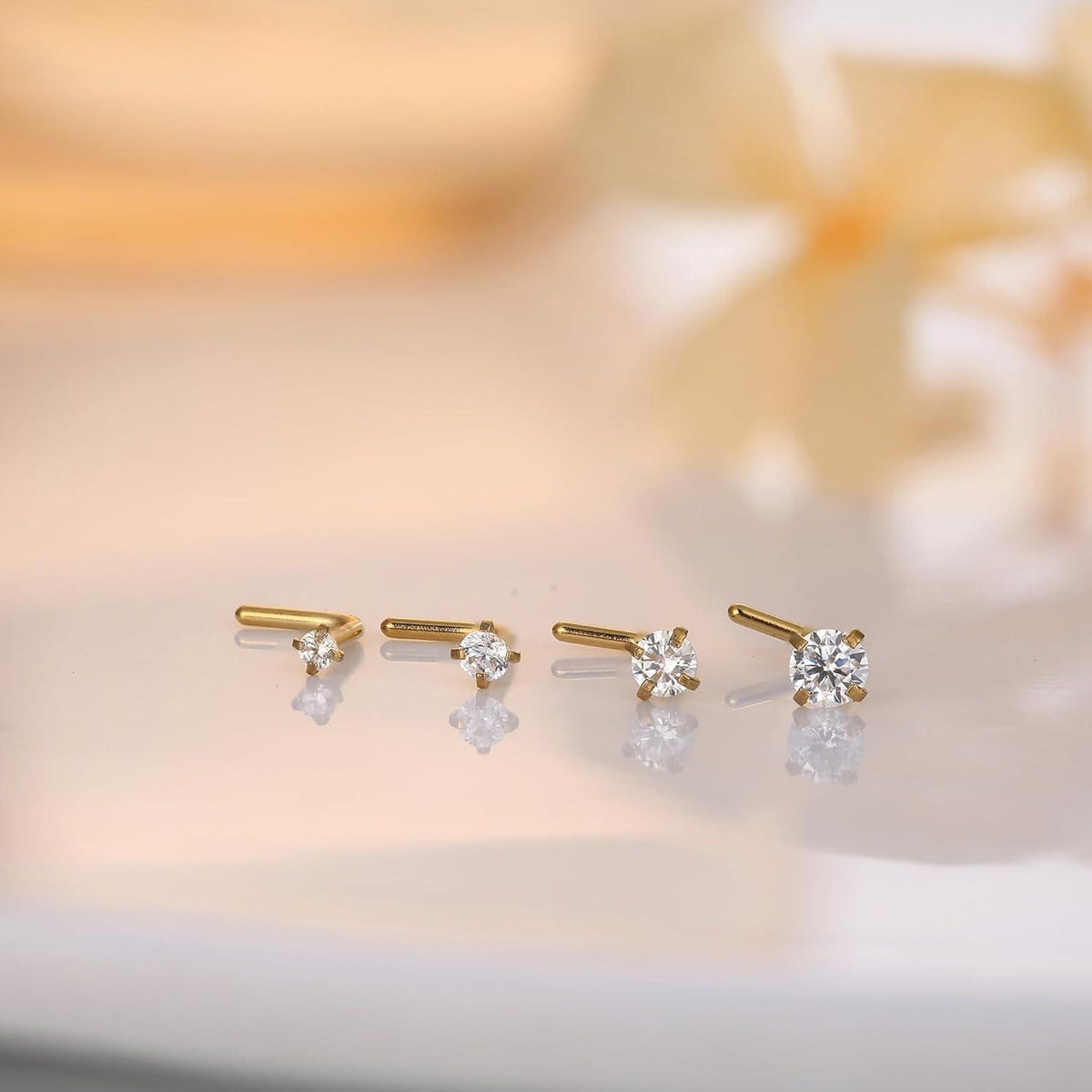 Nasenpiercing 4er Set 14K Gold Chirurgenstahl Zirkonia L-Form Schraube 1,5-3mm