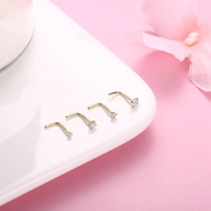 Nasenpiercing 4er Set 14K Gold Chirurgenstahl Zirkonia L-Form Schraube 1,5-3mm